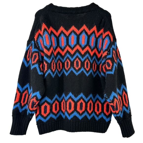 GANNI Black Red Blue Intarsia Organic Wool Chunky Knit Oversize Cardigan Sweater - Picture 3 of 11